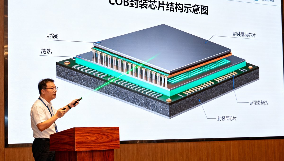 2025年深圳Micro LED技术研讨会上，行业专家在讲台上分享COB封装最新进展，大屏幕显示着芯片结构示意图