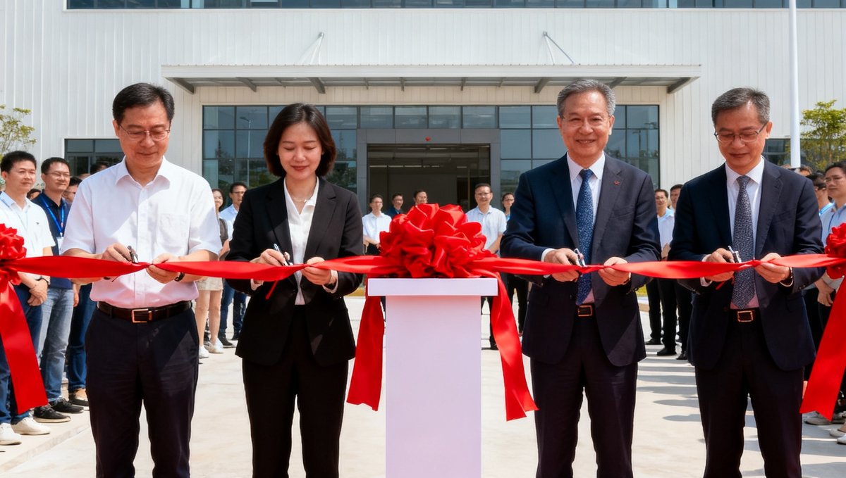PA国际厅东莞生产基地扩建后的新厂房外景，红绸带剪彩仪式正在进行，公司高管与嘉宾共同见证