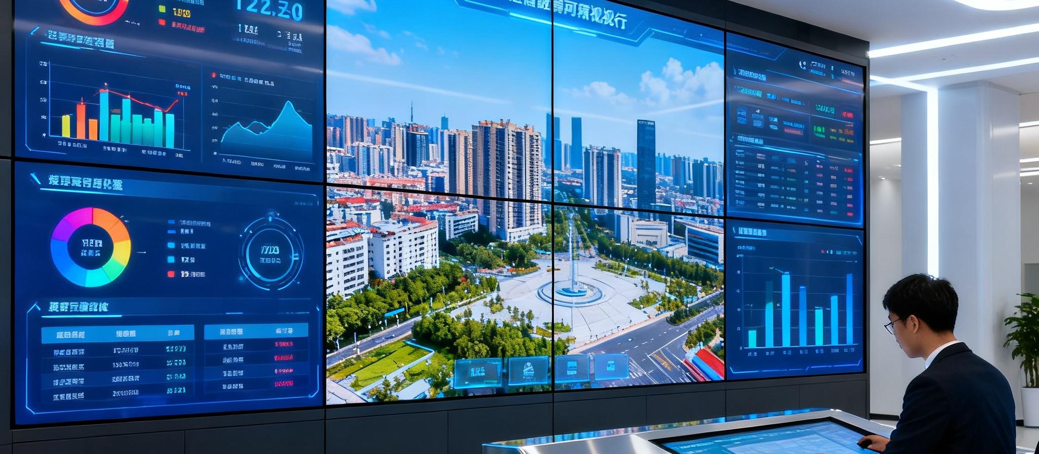 某市政政务大厅内，一组3行×4列的液晶拼接屏组成数据可视化大屏，实时展示城市运行指标，色彩鲜明且画面无缝衔接，工作人员正在触控操作台前处理信息