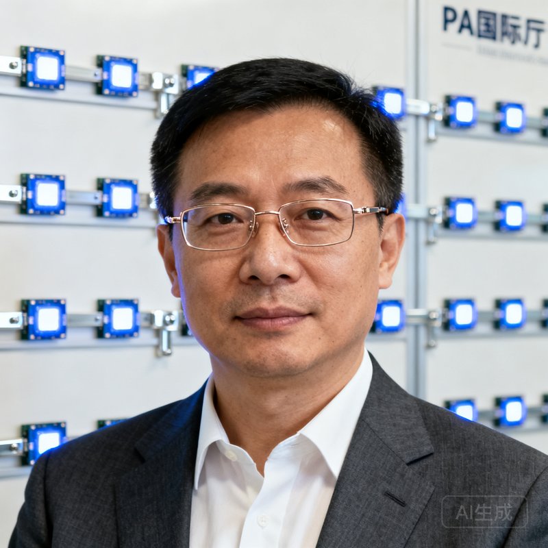 PA国际厅创始人兼首席技术官肖博士的商务肖像照，他戴着眼镜、身着深灰色西装，背景是研发实验室的LED模组展示墙